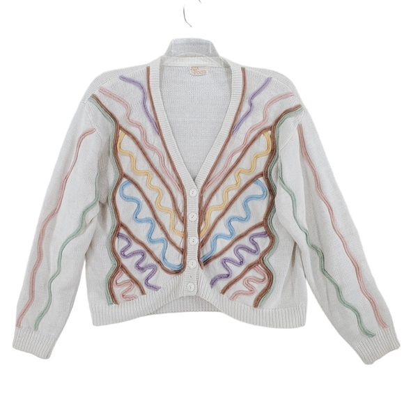 Vtg Silk Focus Cardigan Wmn M Sweater White Button Up Pastel Knit Embellishments - Picture 1 of 14